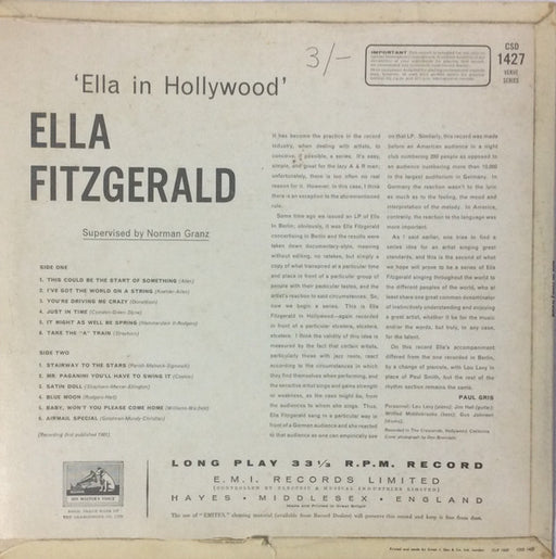 Ella Fitzgerald : Ella In Hollywood (LP, Album)