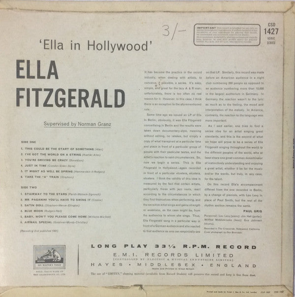 Ella Fitzgerald : Ella In Hollywood (LP, Album)