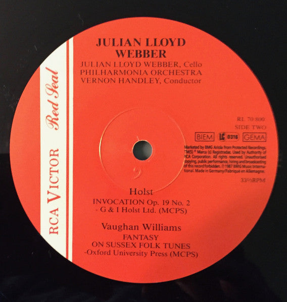 Delius* / Holst* / Vaughan Williams* - Julian Lloyd Webber, Philharmonia Orchestra, Vernon Handley : Cello Concerto / Invocation / Fantasia On Sussex Folk Tunes (LP)