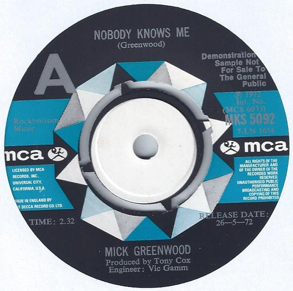 Mick Greenwood (2) : Nobody Knows Me (7", Single, Promo)