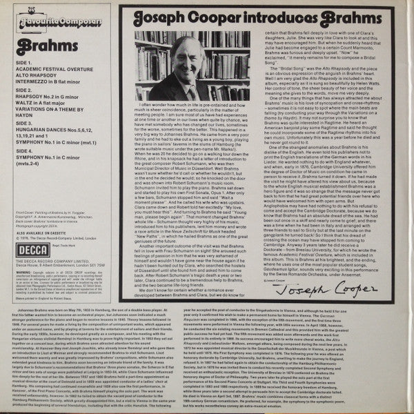 Johannes Brahms, Ernest Ansermet, Julius Katchen, Josef Krips, Pierre Monteux, Fritz Reiner, Helen Watts, Vienna Philharmonic Orchestra*, London Symphony Orchestra, L'Orchestre De La Suisse Romande : Brahms Academic Festival Overture Alto Rhapsody Variations On A Theme By Haydn Hungarian Dances Symphony No.1 (2xLP, Comp)