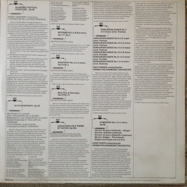 Johannes Brahms, Ernest Ansermet, Julius Katchen, Josef Krips, Pierre Monteux, Fritz Reiner, Helen Watts, Vienna Philharmonic Orchestra*, London Symphony Orchestra, L'Orchestre De La Suisse Romande : Brahms Academic Festival Overture Alto Rhapsody Variations On A Theme By Haydn Hungarian Dances Symphony No.1 (2xLP, Comp)