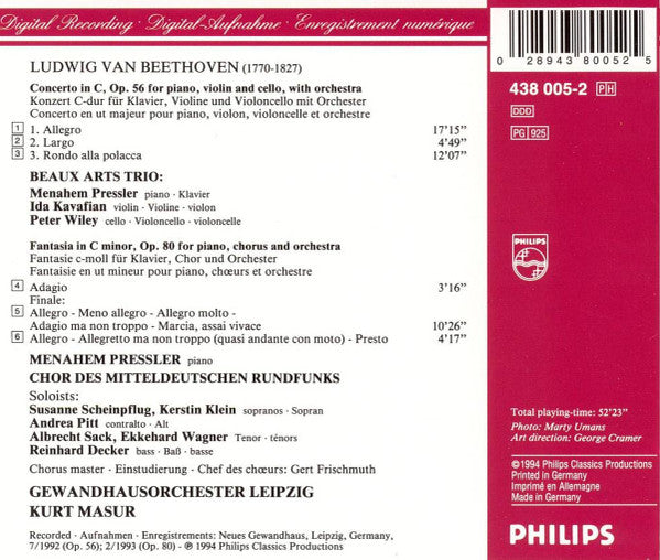 Beethoven* - Beaux Arts Trio, Menahem Pressler, Chor Des Mitteldeutschen Rundfunks*, Gewandhausorchester Leipzig, Kurt Masur : Triple Concerto / Choral Fantasy (CD, Album)