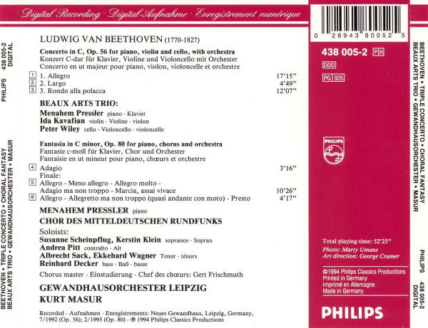 Beethoven* - Beaux Arts Trio, Menahem Pressler, Chor Des Mitteldeutschen Rundfunks*, Gewandhausorchester Leipzig, Kurt Masur : Triple Concerto / Choral Fantasy (CD, Album)