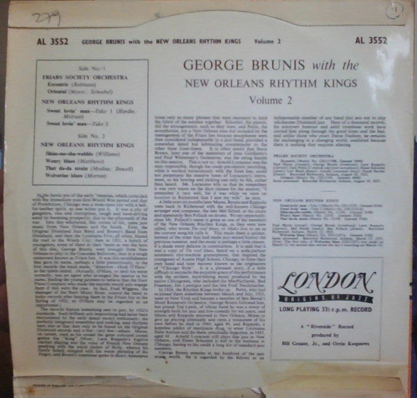 George Brunis* With The New Orleans Rhythm Kings, Friar's Society Orchestra : George Brunis With The New Orleans Rhythm Kings - Volume 2 (10", Comp)