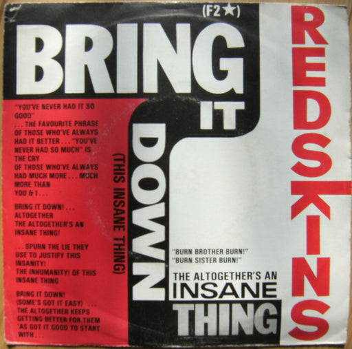 Redskins : Bring It Down (This Insane Thing) (7", Single)
