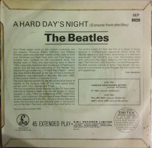 The Beatles : Extracts From The Film A Hard Day's Night (7", EP, Mono)