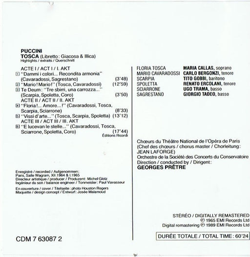 Puccini*, Callas* / Bergonzi* / Gobbi* / Choeurs Du Théâtre National De L' Opéra*, Orchestre De La Société Des Concerts Du Conservatoire, Prêtre* : Tosca Highlights (CD, Comp, RM)