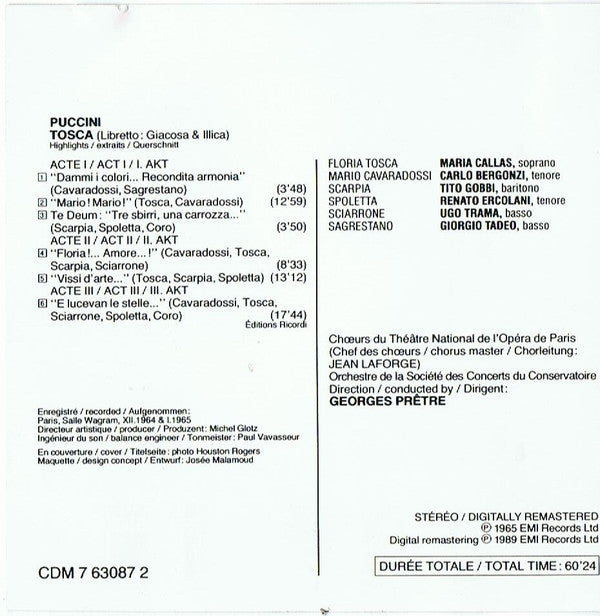 Puccini*, Callas* / Bergonzi* / Gobbi* / Choeurs Du Théâtre National De L' Opéra*, Orchestre De La Société Des Concerts Du Conservatoire, Prêtre* : Tosca Highlights (CD, Comp, RM)