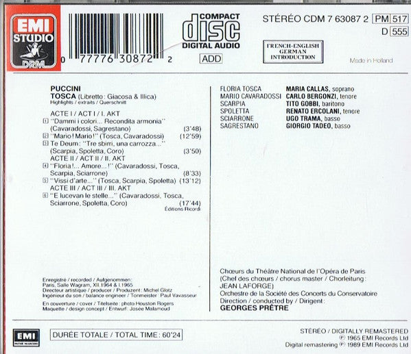 Puccini*, Callas* / Bergonzi* / Gobbi* / Choeurs Du Théâtre National De L' Opéra*, Orchestre De La Société Des Concerts Du Conservatoire, Prêtre* : Tosca Highlights (CD, Comp, RM)