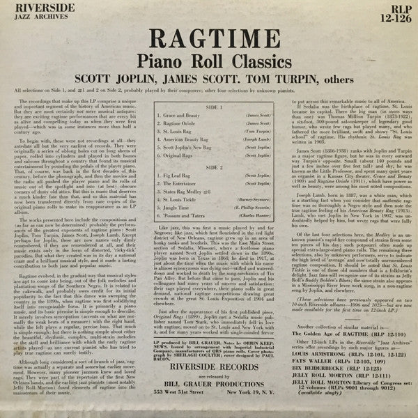 Scott Joplin, James Scott (4), Tom Turpin : Ragtime Piano Roll Classics (LP, Comp)