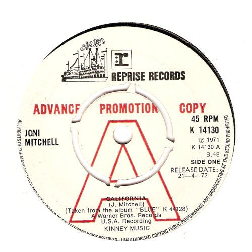 Joni Mitchell : California (7", Single, Promo)
