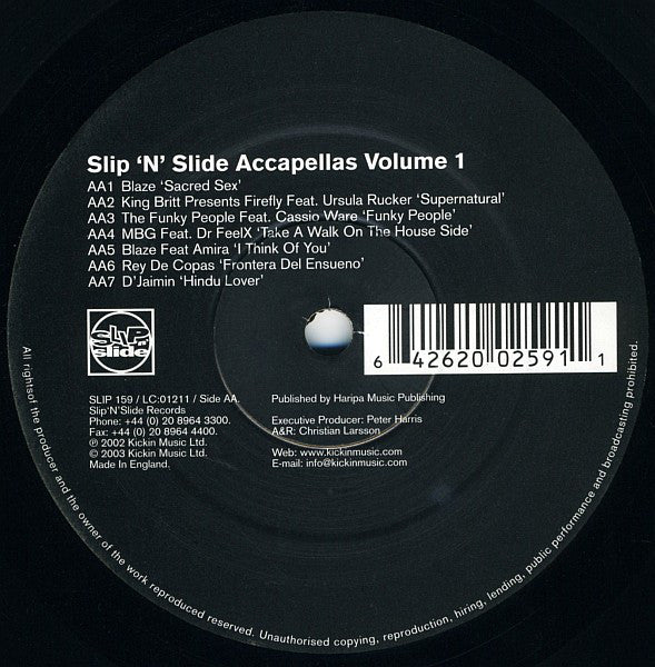 Various : Slip 'n' Slide Accapellas Volume 1 (12")