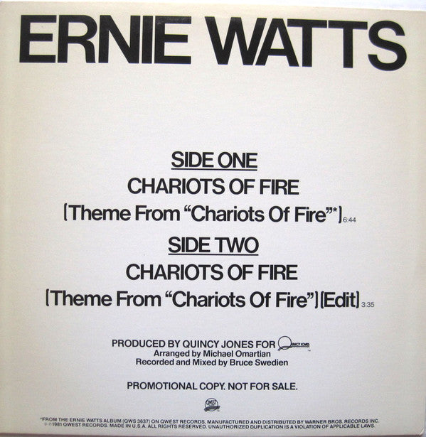 Ernie Watts : Chariots Of Fire (12", Promo)