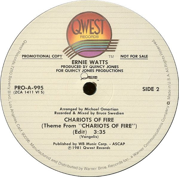 Ernie Watts : Chariots Of Fire (12", Promo)