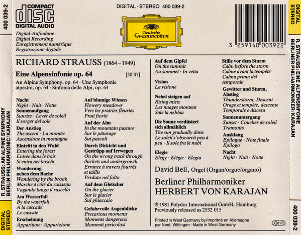 Richard Strauss - Karajan*, Berliner Philharmoniker : Eine Alpensinfonie = An Alpine Symphony = Une Symphonie Alpestre (CD, Album, RE)