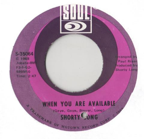Shorty Long (2) : A Whiter Shade Of Pale / When You Are Available (7", Single)