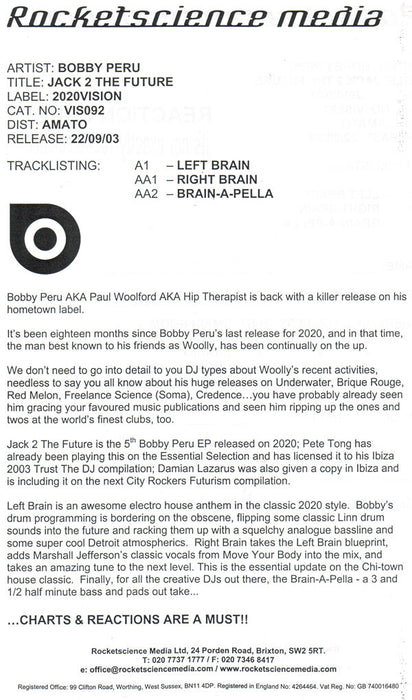 Bobby Peru : Jack 2 The Future (12")