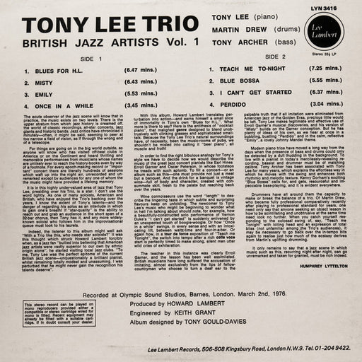 The Tony Lee Trio : British Jazz Artists Vol.1 (LP, Album)