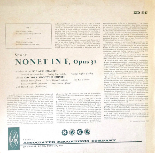 Spohr* - Fine Arts Quartet*, New York Woodwind Quintet : Nonet In F, Op. 31 (LP, Album, RE)