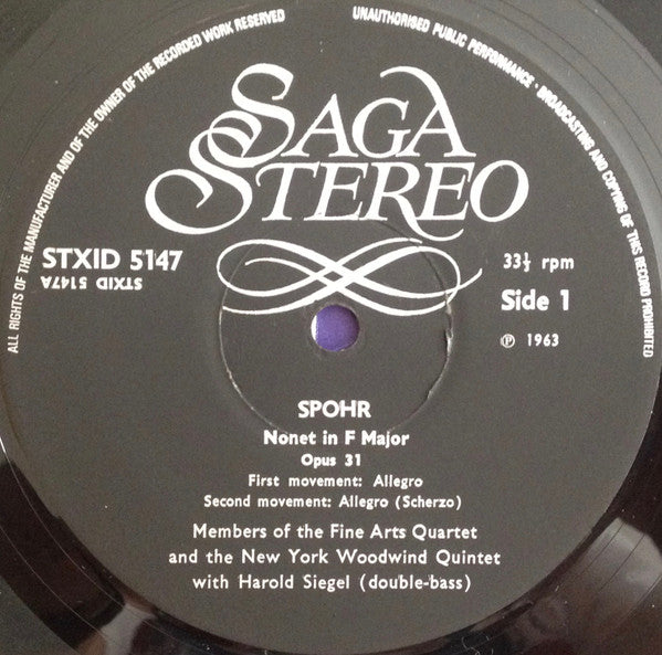 Spohr* - Fine Arts Quartet*, New York Woodwind Quintet : Nonet In F, Op. 31 (LP, Album, RE)