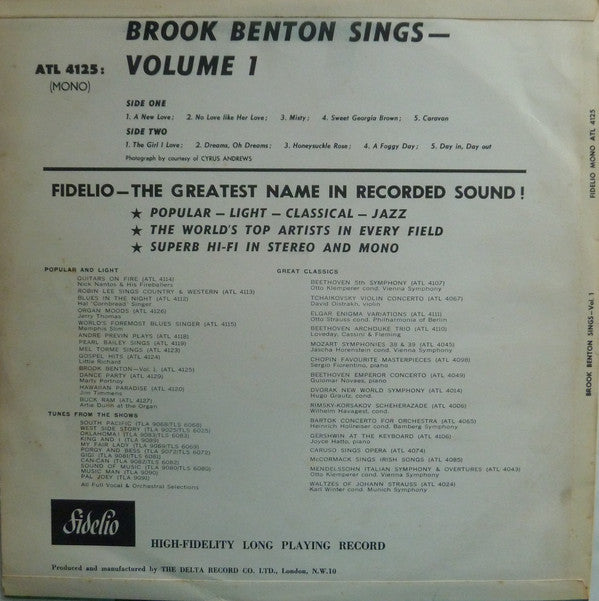 Brook Benton : Brook Benton Sings - Volume One (LP, Mono)