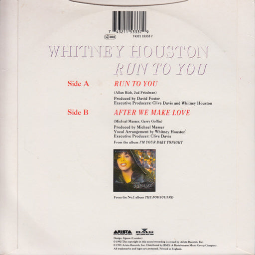 Whitney Houston : Run To You (7", Single)