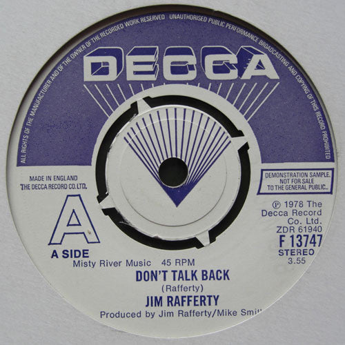 Jim Rafferty : Don't Talk Back / Bad Bad Mover (7", Promo)