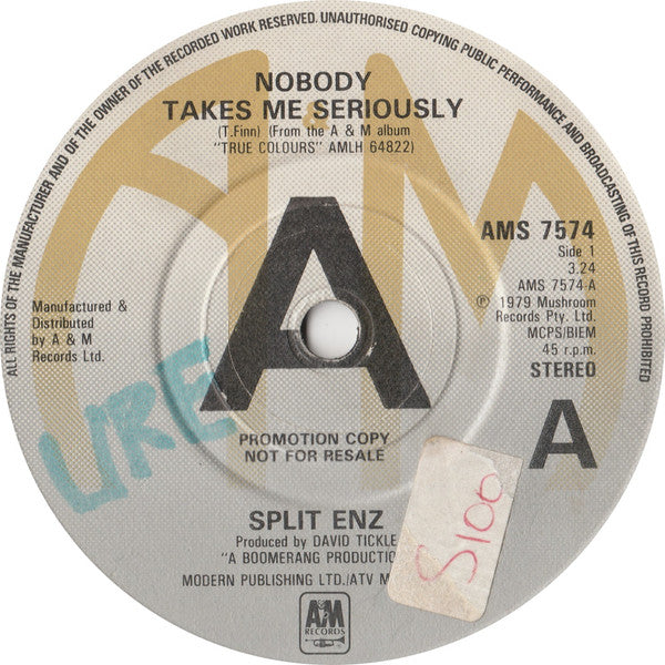 Split Enz : Nobody Takes Me Seriously (7", Single, Promo)