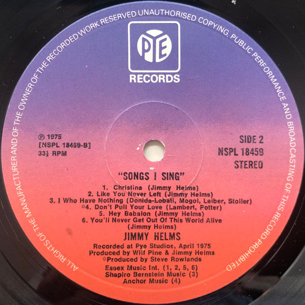 Jimmy Helms : Songs I Sing (LP, Album)