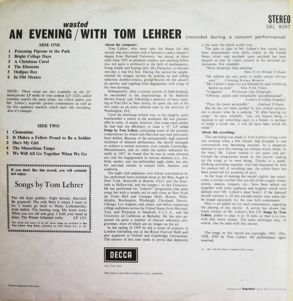 Tom Lehrer : An Evening Wasted With Tom Lehrer (LP, Album, RP)
