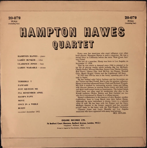 Hampton Hawes Quartet : Hampton Hawes Quartet (10", Album, Mono)