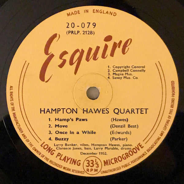 Hampton Hawes Quartet : Hampton Hawes Quartet (10", Album, Mono)