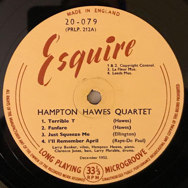 Hampton Hawes Quartet : Hampton Hawes Quartet (10", Album, Mono)