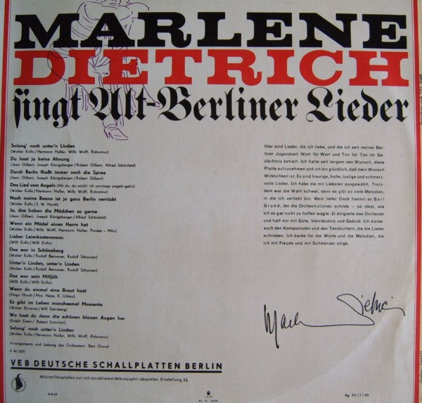 Marlene Dietrich : Marlene Dietrich Singt Alt-Berliner Lieder (LP, Album, Mono)