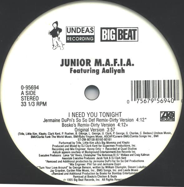 Junior M.A.F.I.A. Featuring Aaliyah : I Need You Tonight (12", Maxi)