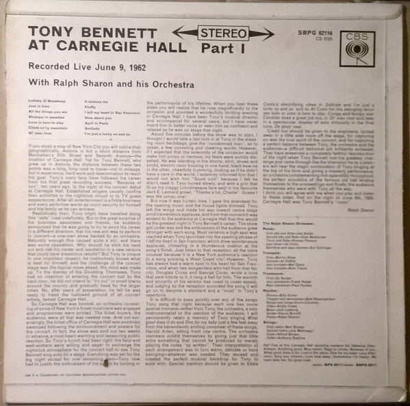 Tony Bennett : Tony Bennett At Carnegie Hall Part I (LP)