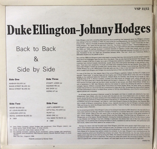 Duke Ellington And Johnny Hodges : Back To Back & Side By Side (2xLP, Comp, Mono)