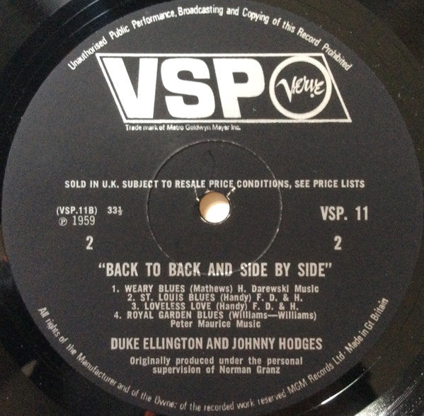 Duke Ellington And Johnny Hodges : Back To Back & Side By Side (2xLP, Comp, Mono)