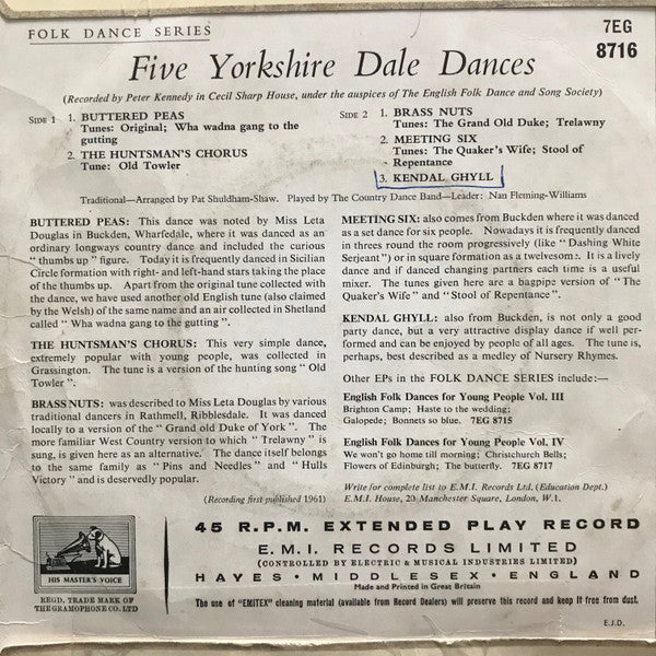 The Country Dance Band : Five Yorkshire Dale Dances (7", EP, Mono)