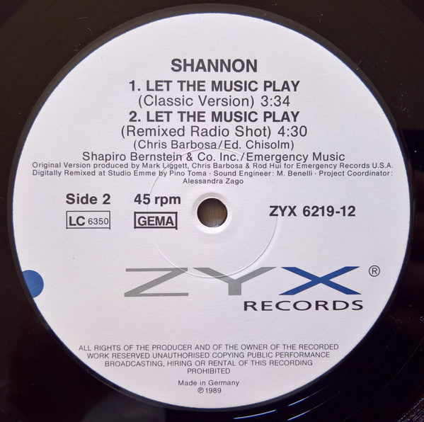 Shannon : Let The Music Play (1989 European Remixed Version) (12", Maxi)