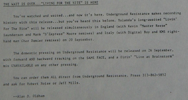 Underground Resistance w/ Yolanda* : Living For The Night (Remixes) (12")