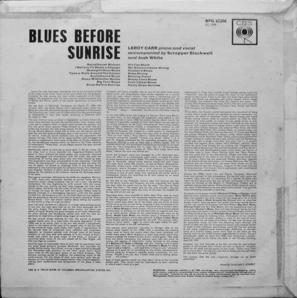 Leroy Carr Accompanied By Scrapper Blackwell And Josh White : Blues Before Sunrise (LP, Comp)