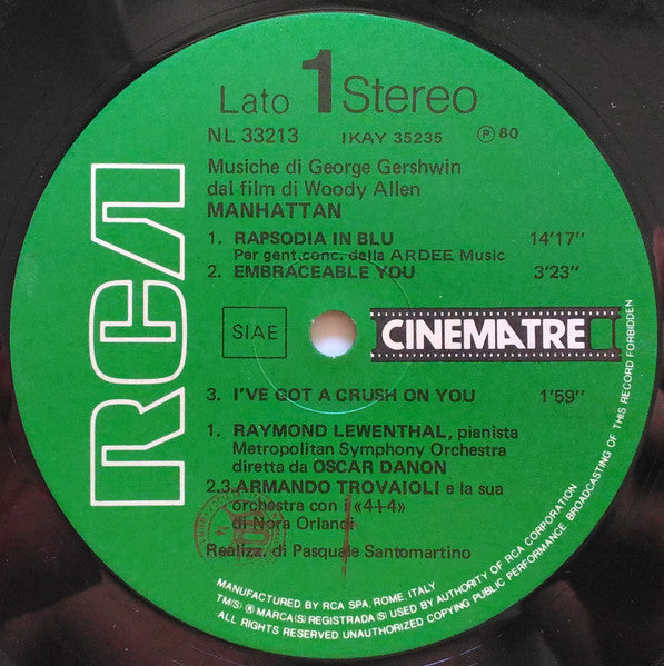 Raymond Lewenthal, The Metropolitan Symphony Orchestra Diretta Da Oskar Danon, Armando Trovaioli E La Sua Orchestra : Manhattan - Musiche Di George Gershwin Dal Film Di Woody Allen (LP, Album)