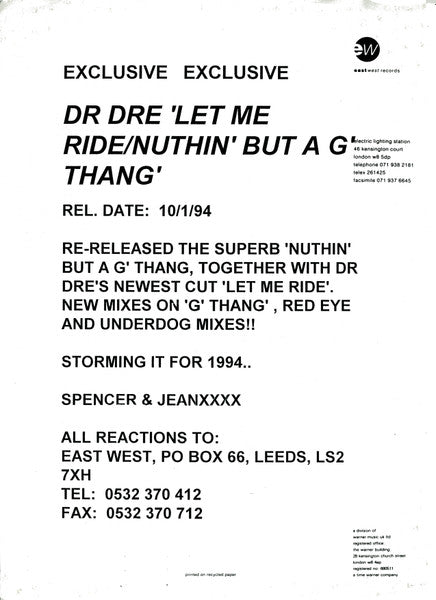 Dr. Dre : Let Me Ride (12", W/Lbl)