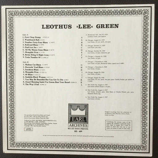 Leothus "Lee" Green* : Blues And Barrelhouse Piano 1929-1937 (LP, Comp, Mono)