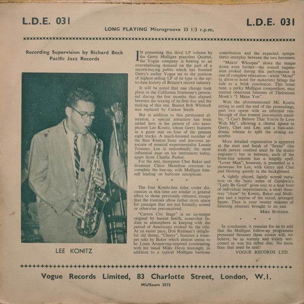 Gerry Mulligan Quartet Plus Lee Konitz : Volume 3 (10")