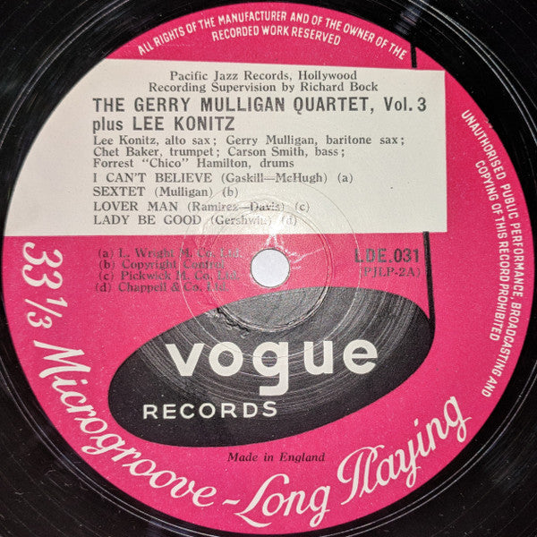 Gerry Mulligan Quartet Plus Lee Konitz : Volume 3 (10")