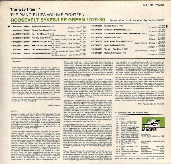 Roosevelt Sykes / Lee Green : 'The Way I Feel' Roosevelt Sykes/Lee Green 1929-1930 (LP, Comp, Mono)