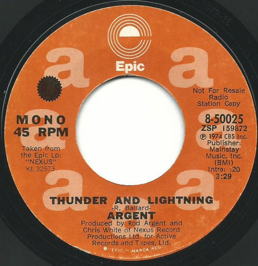 Argent : Thunder And Lightning (7", Mono, Promo)